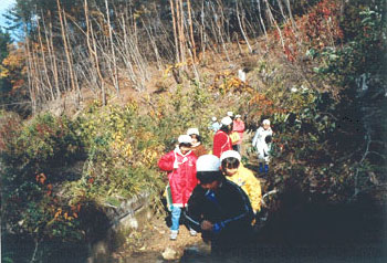 うつろ堰を体験する小学生の写真